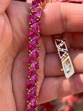 Vintage Pink Trillion Cut Tennis Bracelet 925 Sterling Silver Gold Vermeil 8.5”